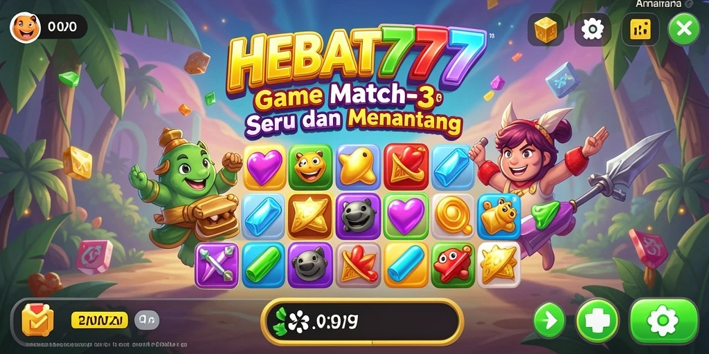 Tampilan gameplay HEBAT777 saat mencocokkan permata dengan cepat.