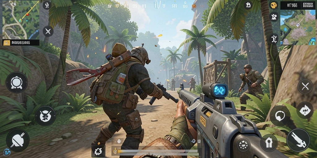 Screenshot gameplay MT966 menampilkan aksi seru di medan perang.