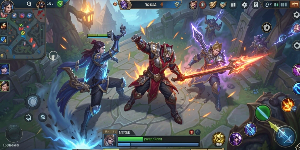 Screenshot gameplay MOBA yang intens dan kompetitif.